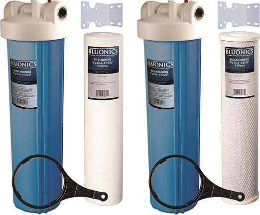 Bluonics Whole House Water Filter Dual System 4.5" x 20" Housings with Sediment & Carbon Filters Included