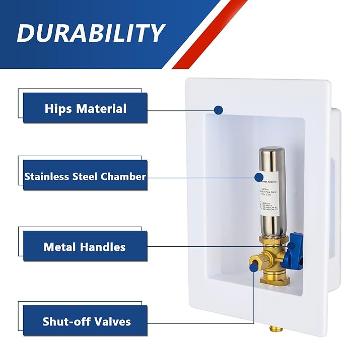 Ice Maker Outlet Box with Stainless Steel Water Hammer Arrestor,1/2 Inch Crimp PEX F1807 Inlet and 1/4 Inch OD Compression Outlet Connection, Icemaker Box with Installed 1/4-Turn Ball Valve