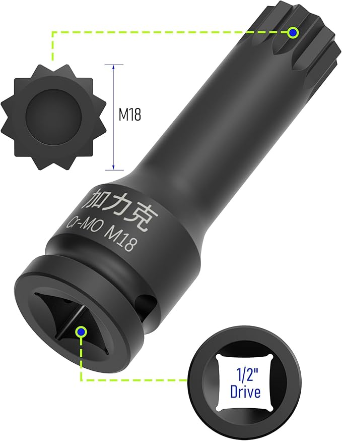 1/2-Inch Drive x M18(18mm) Impact XZN Triple Square Spline Bit Socket, Security Tamper Proof Metric Lengthen Screwdriver Socket Adapter, 3-Inch Length, One-Piece Construction, CR-MO, Black