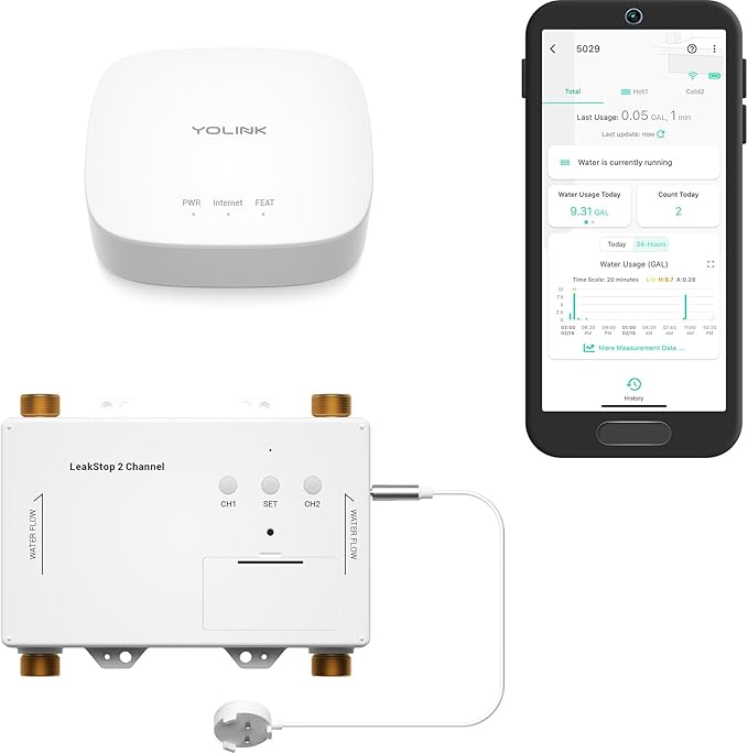 YoLink LeakStop 2-Channel for Sinks/Washing Machine, Dual Auto Shutoff Valves & Leak Detection, Real-Time Monitoring, LoRa Long-Range, 2 AA Up to 5-Year Battery – Hub Included