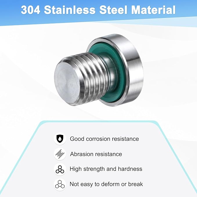 1-Pack Inner Hex Head Pipe Fitting Plug, M12x1.5mm 304 Stainless Steel Socket Bung Plug with Fluorine Sealing Ring for Terminate Pipe Ends/Replacement Drains