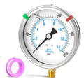 0-200PSI Stainless Steel Liquid Filled Pressure Gauge, 4" Dial Size, 1/4" NPT Lower Mount, for Tube, Water Pump, Gas, Liquid, Pressure Test (with Range Mark Pointer)