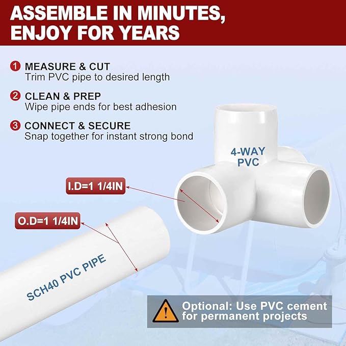8Pcs 1 1/4" Elbow PVC Fitting, SCH40 4-Way Tee Furniture Grade PVC Pipe Fitting, DIY Corner Elbow Connector for Building Furniture, Greenhouse Frame Connection, Socket x Socket