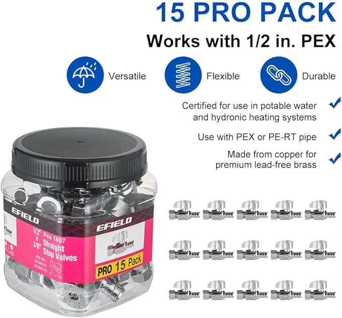 Pro 15-Pack EFIELD 1/4 Turn Straight Stop Valve 3/8" OD Compression x 1/2" Pex Crimp, Chrome Plated Brass, Heavy Duty,(VALVE377)