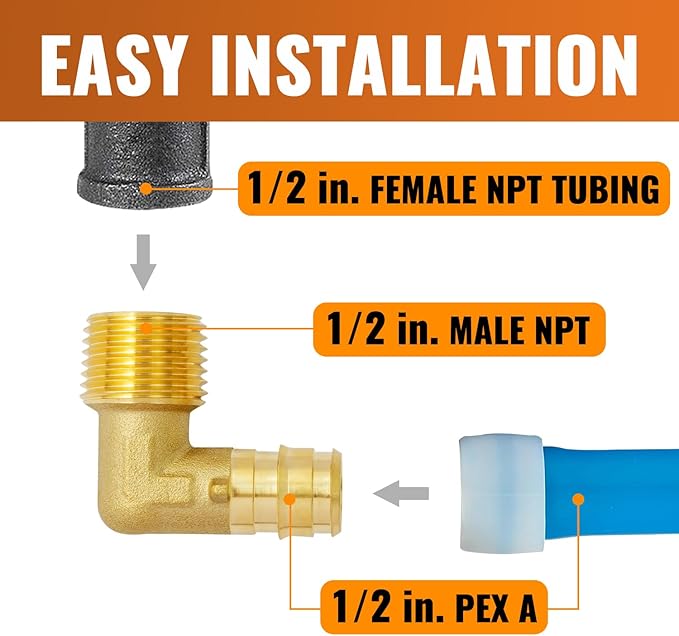 SUNGATOR 2-Pack PEX A Expasnion 1/2"x 1/2" Male NPT Elbow Threaded Adapter Brass Fitting, No Lead Brass, ASTM F1960 ONLY For Pex-A Tubing
