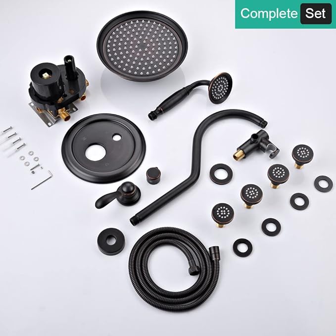 Antique Shower Faucet-Sets Fixtures: 9 inch Wall Rain Head with Handheld Spray and Body Jets, 3 Way Diverter Rough in Valve System included Trim Kit, Oil Rubbed Bronze