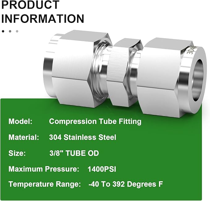 TAISHER 2PCS 304 Stainless Steel Compression Tube Pipe Fitting Connector, 3/8" Tube OD x 3/8" Tube OD Straight Adapter