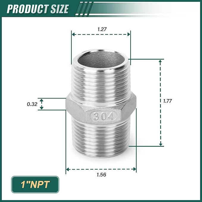5PCS 304 Stainless Steel Hex Nipple, 1" Male NPT Straight Head Pipe Adapter Fittings, Equal Nipples Connectors for Oil, Water Line, Gas