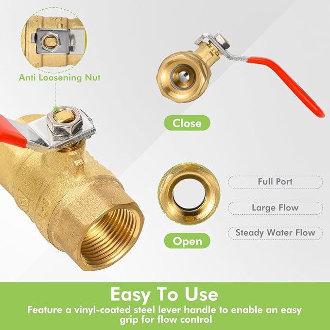 10Pack Orianse 3/4 Inch Red Handle Full Port Brass Ball Valve 3/4" FIP NPT Threaded,Heavy Duty 150PSI 600 WOG,1/4-Turn Shut Off Ball Valve for Water Oil Gas