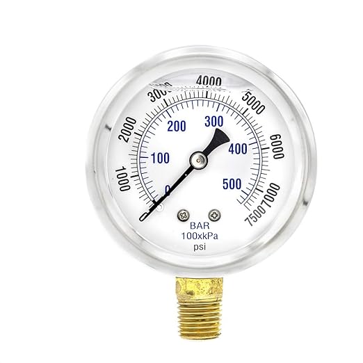 PIC Gauges PRO-201L-254T Bottom Mount Glycerin Filled Dual Scale Pressure Gauge w/ SS Case/Bezel, Brass Internals, Plastic Lens, 2.5" Dial, 0-7500 psi Range, 1/4" Male NPT