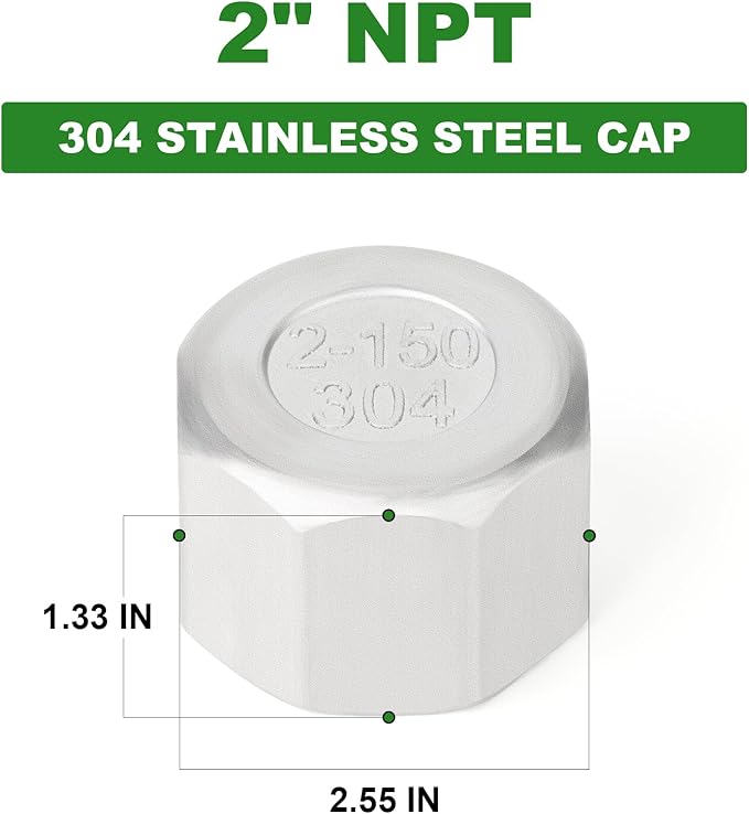 TAISHER 2PCS 304 Stainless Steel Cap Pipe Plug Socket Fitting 2" NPT Female