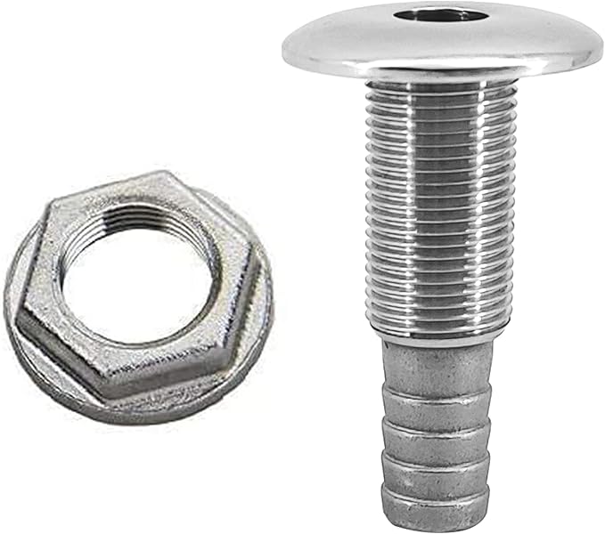 ISURE MARINE 1/2" Stainless Steel Thru-Hull ，Barbed Standard Length Straight Thru-Hull Fitting Boat Barbed Hose Thru Drain Connector