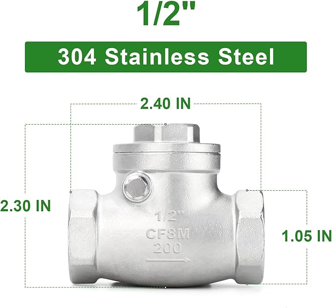 TAISHER 1PCS 304 Stainless Steel 1/2" Female Swing Check Valve，Backflow Prevention, One Way Check Valve CF8 WOG 1000