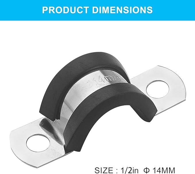 50 Pack 1/2 Inch Cable Clamps, 14mm Stainless Steel Rubber Coated Cushioned Insulated Pipe Clamp, Black Conduit Wire Holder Strap Clips for Tube, Pipe or Wire Cord Installation