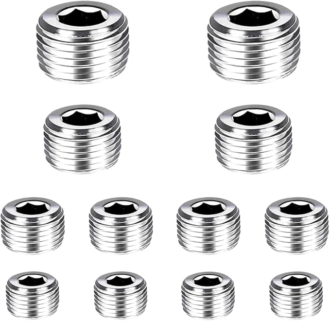 Joywayus 12PCS Stainless Steel Male Thread Internal Hex Head Pipe Plug Fittings 1/2" NPTx2+3/8"NPTx2+1/4"NPTx4+1/8"NPTx4