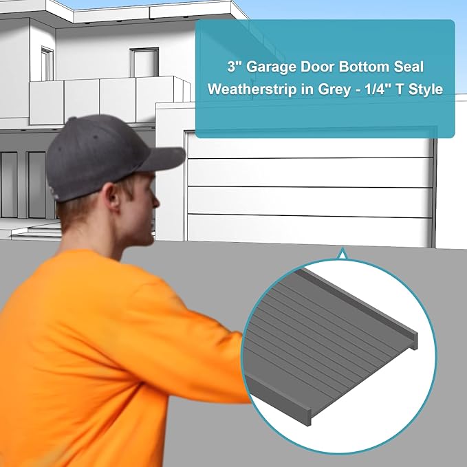 3" Garage Door Bottom Seal Weatherstrip in Grey - 1/4" T Style - All Widths (9' Wide Door)