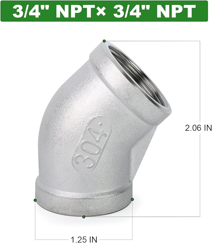 TAISHER 5PCS 304 Stainless Steel 45 Degree elbow,3/4 Inch NPT Female Pipe to 3/4 Inch NPT Female 304 Stainless Pipe Fitting