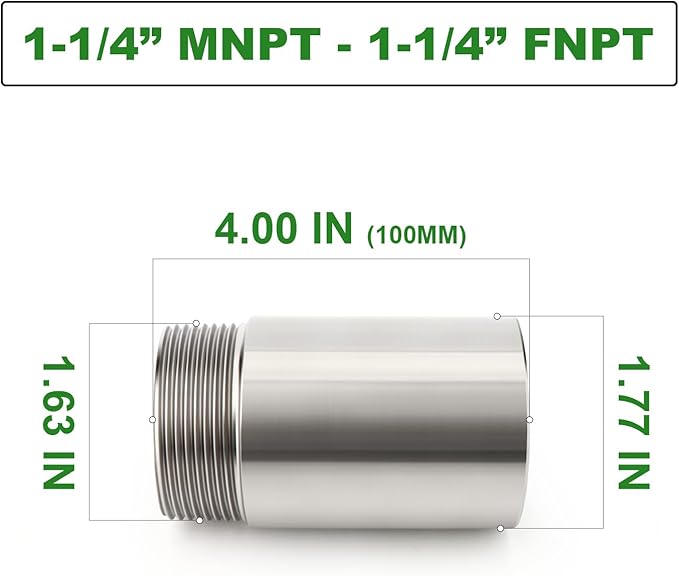 TAISHER 1PCS Stainless Steel Pipe Fittings, 1-1/4" NPT Male x 1-1/4" NPT Female Threaded, 4" Length Nipple Cast Pipe