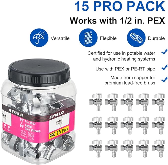 Pro 15-Pack EFIELD 1/4 Turn Angle Stop Valve 3/8" OD Compression x 1/2" Pex Crimp, Chrome Plated LF Brass, Heavy Duty,(VALVE375)