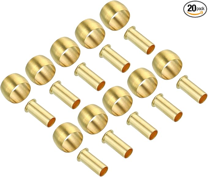 PATIKIL 8mm Tube OD Brass Compression Sleeves Ferrules, 20 Pack Brass Ferrule Fitting and Hose Insert Support Assortment Kit for Air Water Gas Pipe