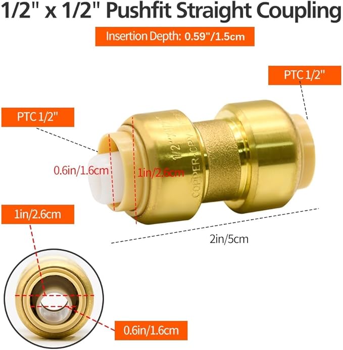 12 Pack 1/2” Push-to-Connect Plumbing Fittings, Pushfit Straight Coupling Plumbing Fittings with Disconnect Clip for Copper, PEX, CPVC Pipe