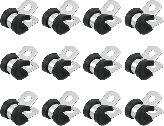 uxcell 5/16"(8mm) Cable Clamp, 304 Stainless Steel Rubber Cushioned Insulated Clamp R Shape Metal Clamp Tube Holder for Pipe Hose Wire Cord Installation 12Pcs