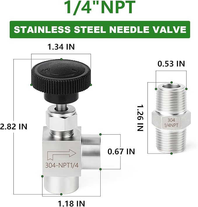 TAISHER 1PCS 304 Stainless Steel 90 Degree Needle Valve 1/4" Female NPT For Flow Control Water Gas Oil With Nipple