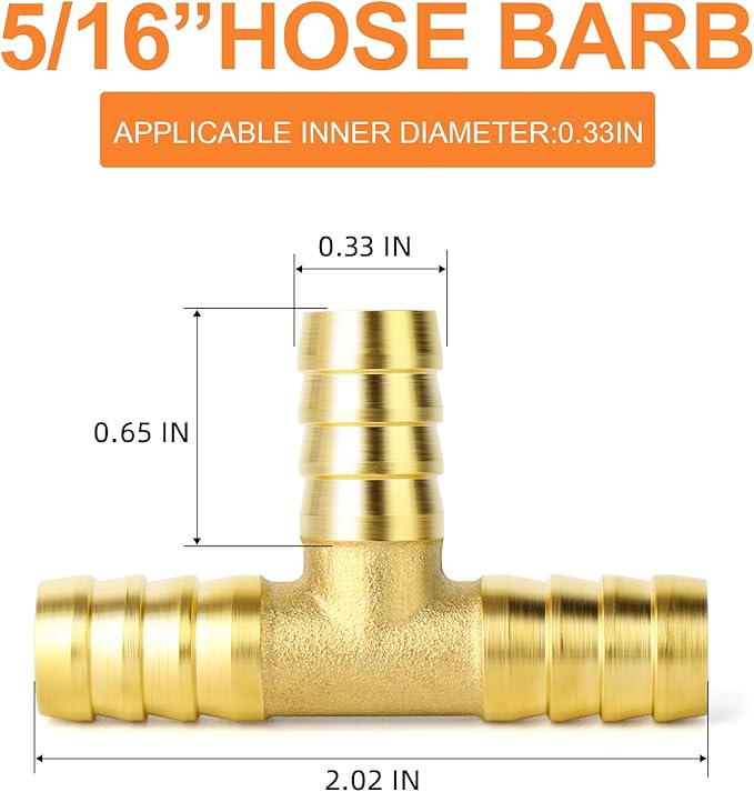 GASHER 10 Pieces Brass Hose Barb Tee, 3-Way Tee Hose Fitting (5/16" x 5/16" x 5/16" Hose Barb)
