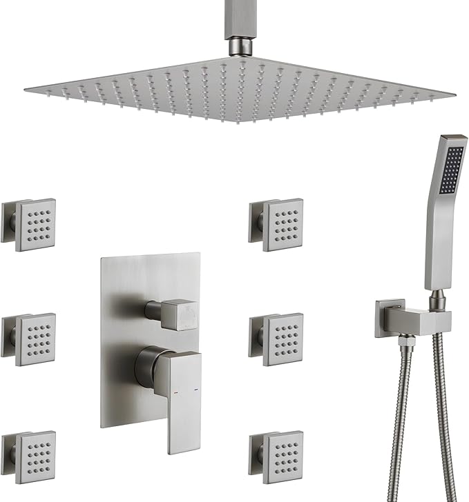 Rain Shower System With Complete 6 Pcs Body Sprays Jets And Pressured Balance Rough-in Valve,12Inch Rainfall Shower Head And Handheld, Modern Brushed Nickel Ceiling Mount Shower Faucet Sets