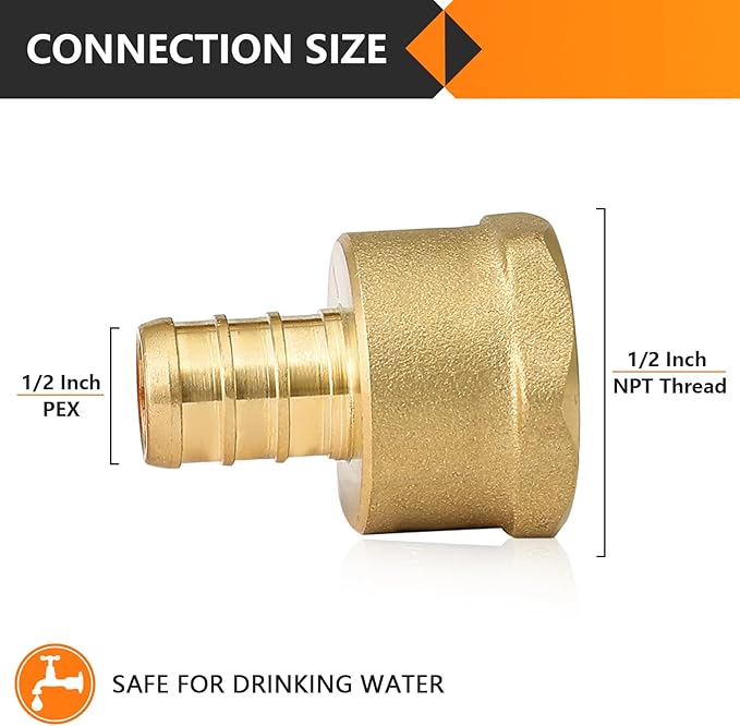 10-Pack HeSun PEX Fittings, 1/2" PEX x 1/2" Female NPT, 1/2 Inch Brass Crimp Female Adapter, ASTM F1807(PEX1807035)
