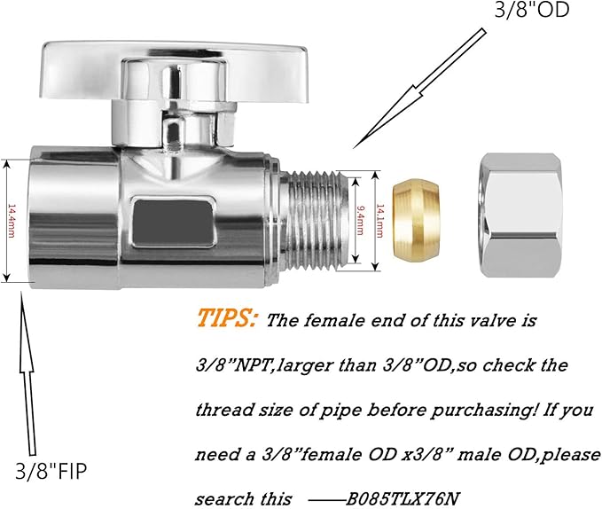 2 Pack Premium Brass Chrome plated 3/8" FIP Female Thread x 3/8 Inch OD Compression Quarter Turn Straight Water Angle Stop Valve Shut Off