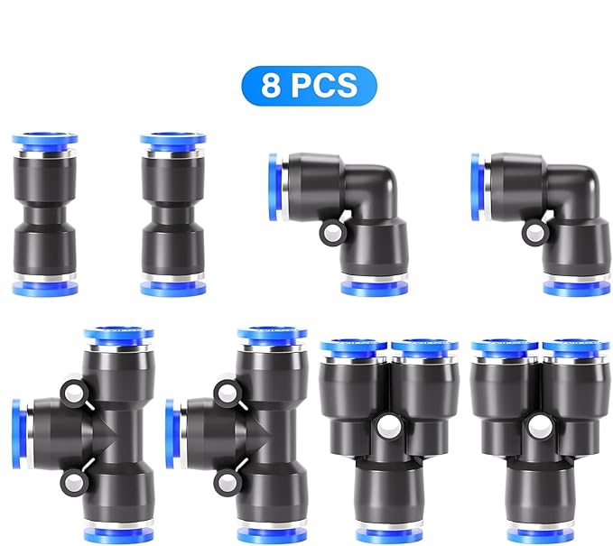 TAILONZ PNEUMATIC 5/16 inch or 8mm od Push to Connect Fittings Pneumatic Fittings Kit 2 Spliters+2 Elbows+2 tee+2 Straight (8 pcs)