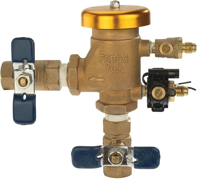 Febco 765 Series 1/2" Bronze Pressure Vacuum Breaker Backflow Preventer, Quarter Turn Shutoff, NPT Connections, Spring-Loaded Check Valves, Max Pressure 150 psi, Industrial Plant, Irrigation System