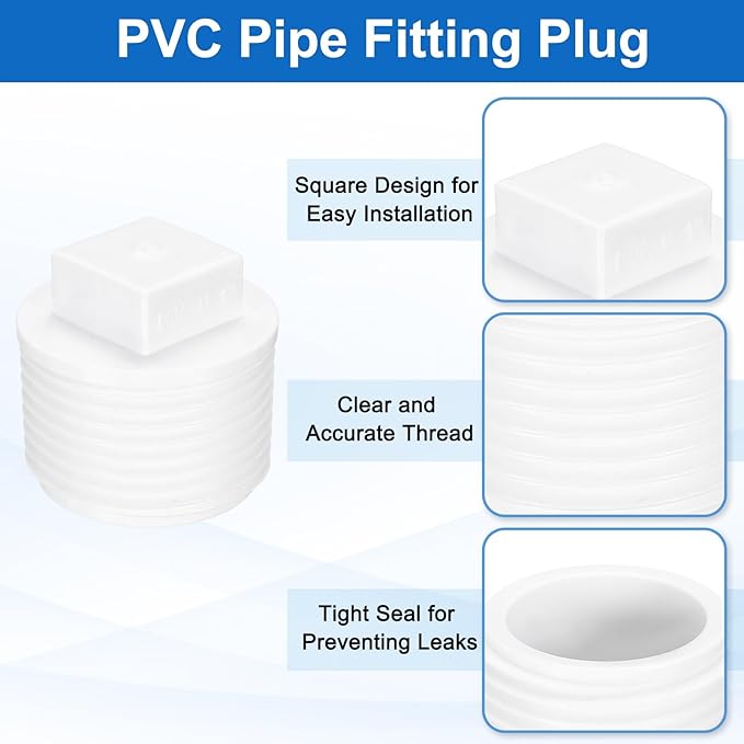 uxcell 10Pcs 1 Inch PT Male Thread PVC Pipe Fitting Plug, Cleanout Plugs, Water Drain End Caps Coupling Adapter with Tape for Water Heater Supply Lines, Plumbing, White