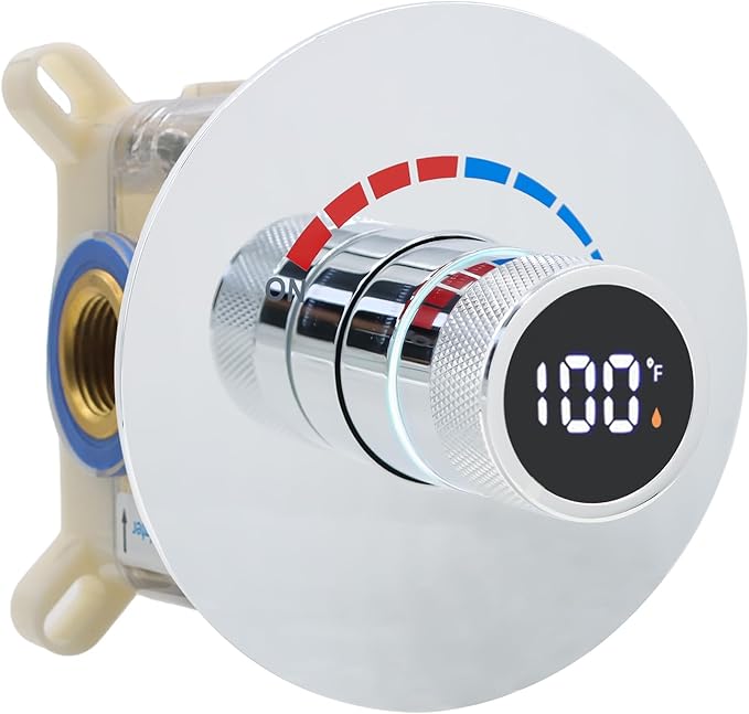 Round Digital Display Shower Valve Shower Diverter Single Way Shower Mixing Valve Concealed Installation in Wall for Bathroom Polished Chrome