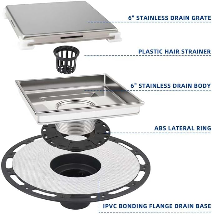 6-Inch Square Shower Drain Kit with Tiled Insert Grate, Brushed Stainless Steel Cover, PVC Bonding Flange & Hair Strainer, Fits 2" & 3" Pipes for Tiled Floors