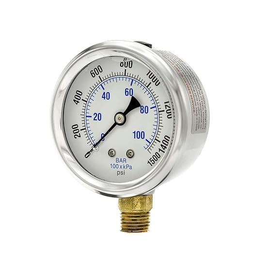 PIC Gauges PRO-201L-254N 0-1500 PSI Pressure Gauge, 2 1/2" Dial, 1/4" Male NPT Connection, Bottom Mount, Dual Scale, Glycerin Filled, Stainless Steel Case/Bezel, Brass Internals & Plastic Lens
