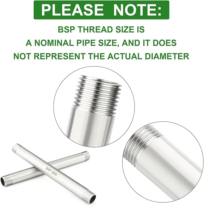 TAISHER 2PCS Stainless Steel Pipe Fittings, 3/4" BSP Male x 3/4" BSP Male Threaded, 8" Length Nipple Cast Pipe