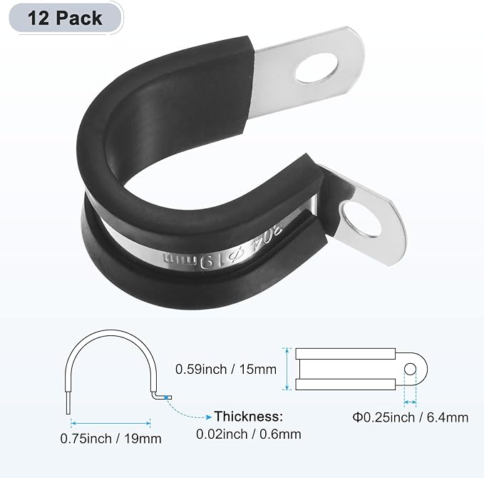 12-Pack Cable Clamps, 3/4 Inch/ 19 mm 304 Stainless Steel Rubber Cushioned Insulated Cable Clamp R Shape Metal Holder for Tube/Wire/Pipe/Loop Installation