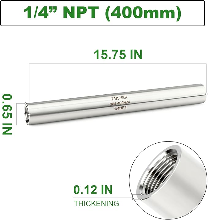 TAISHER 1PCS Stainless Steel Pipe Fittings, 1/4" NPT Female x 1/4" NPT Female Threaded, 16" Length Thickened Nipple Cast Pipe