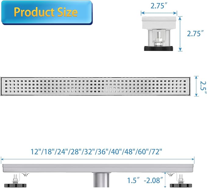 Linear Shower Drain, Shower Drain 36 inch with Removable Grate Cover, Professional AISI 304 Stainless Steel Shower Floor Drain, Shower Drain with Hair Catcher and Leveling Feet
