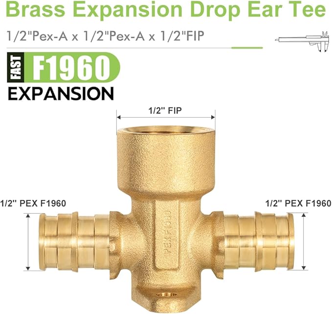 2 Pack Brass Expansion Drop Ear Tee Fittings, 1/2" x 1/2" Pex-A x 1/2" Female NPT, Full Port For Pex-A Tubing Connection, NSF/ANSI 61 NSF 372 Certificate, ASTM F1960 Certified