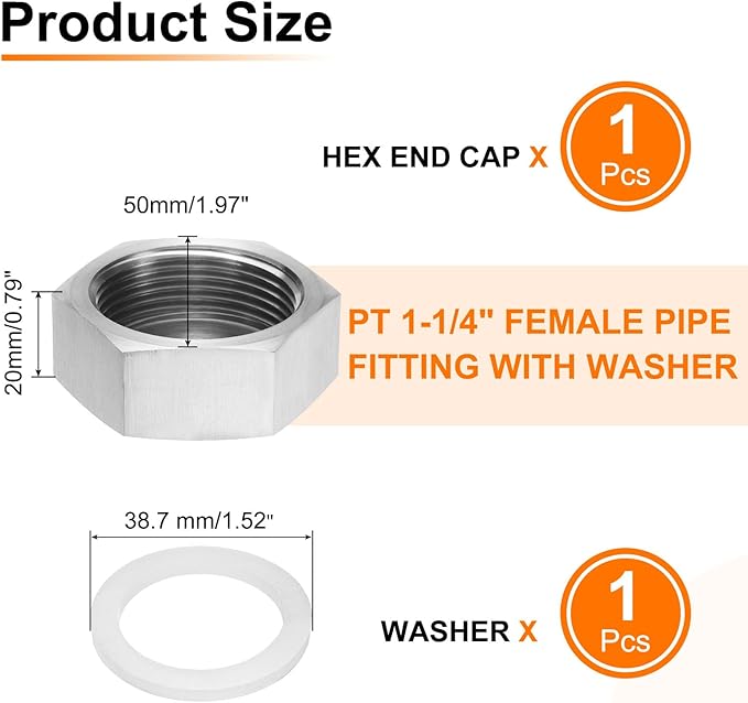 uxcell 1pcs Hex End Cap 304 Stainless Steel Nut with Washer, PT 1-1/4" Female Thread Pipe Fitting, Gas Line Water Line Stop Valve Cap Tubing Ends for Plumbing Fittings, Silver Tone