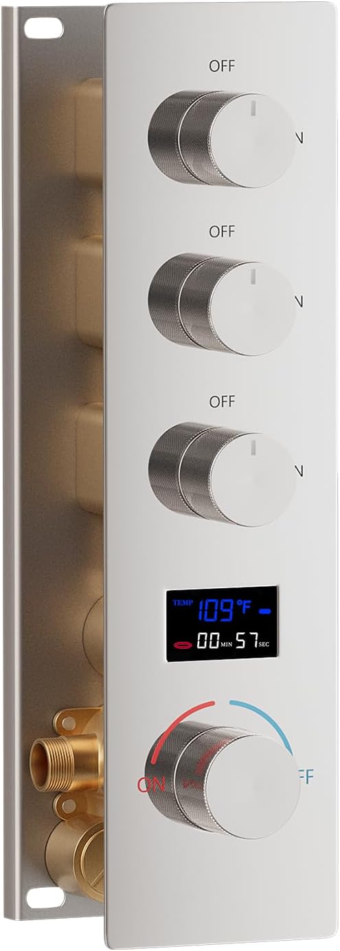 Shower Valve Concealed Shower Mixing Faucet with Temperature Display Function, Flow Control Brass Diverter Valve Kit, 3 Function Can Be Activated Simultaneously, Chrome