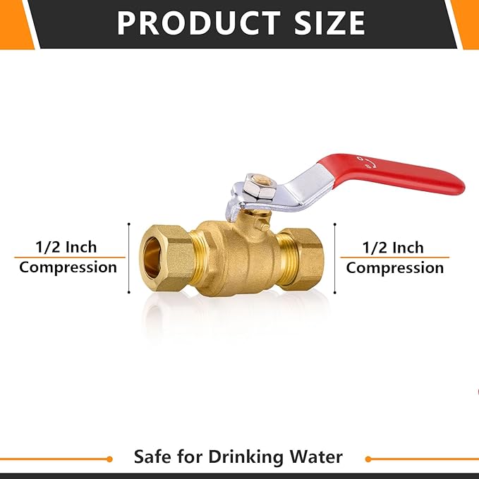30 PCs HeSun Compression Ball Valve, 1/2'' Compression Brass Full Port Shut-off Valve, 600 WOG (Water, Oil and Gas), Red(VALVE114-30)