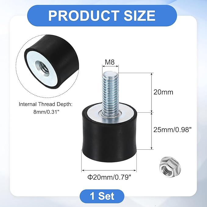 uxcell M8 Rubber Mounts, 1Pcs 25x20mm(DxH) Rubber Cylindrical Anti Vibration Isolator Shock Absorber with Lock Nut for Car Bobbin Generator Air Compressors