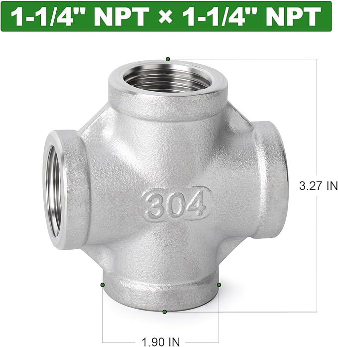 TAISHER 1PCS Stainless Steel 4 Way Pipe Fittings, 1-1/4" x 1-1/4" x 1-1/4" x 1-1/4" NPT Female Pipe Fittings