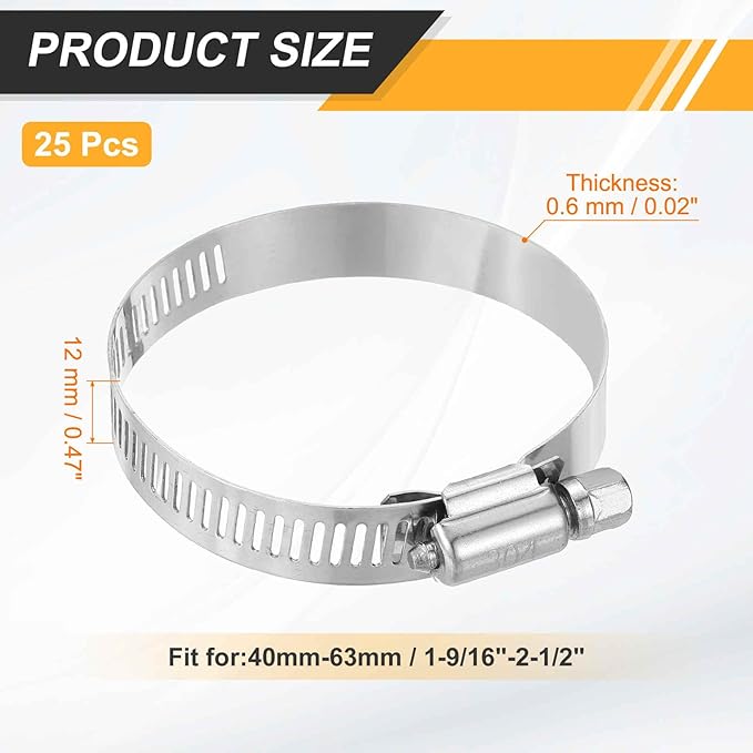 HARFINGTON 25 Pcs Hose Clamp 1-9/16"-2-1/2" (40-63mm) 304 Stainless Steel Adjustable Worm Gear Hose Clamp with Phillips Screw Assortment Kit for Fuel Line Pipe Plumbing Automotive Tube
