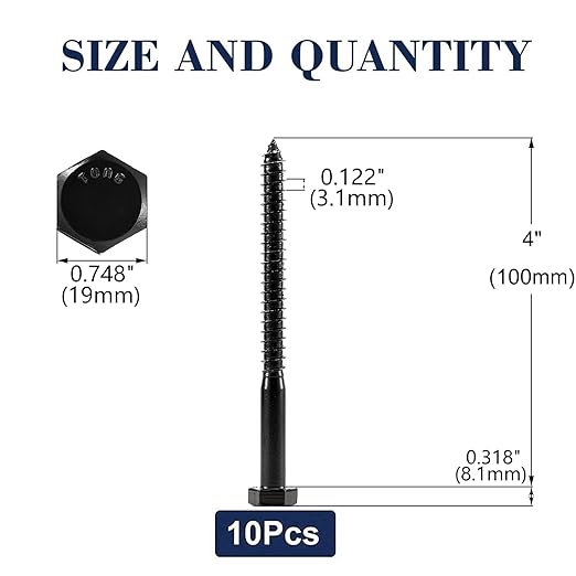 1/2" x 4" Hex Head Lag Screws Bolts 10Pcs 304 Stainless Steel 18-8, Partial Thread, Hexagon Head Wood Screws by Black Oxide by SG TZH