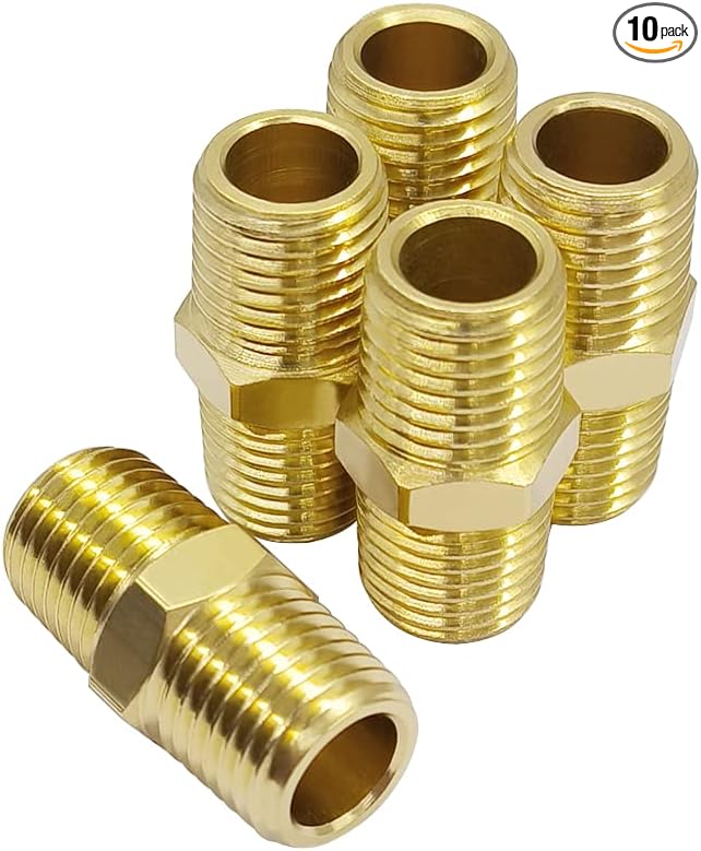 Hooshing 10PCS 1/8" x 1/8" NPT Male Brass Nipple Solid Brass Pipe Adapter Fittings Equal Nipples Connectors
